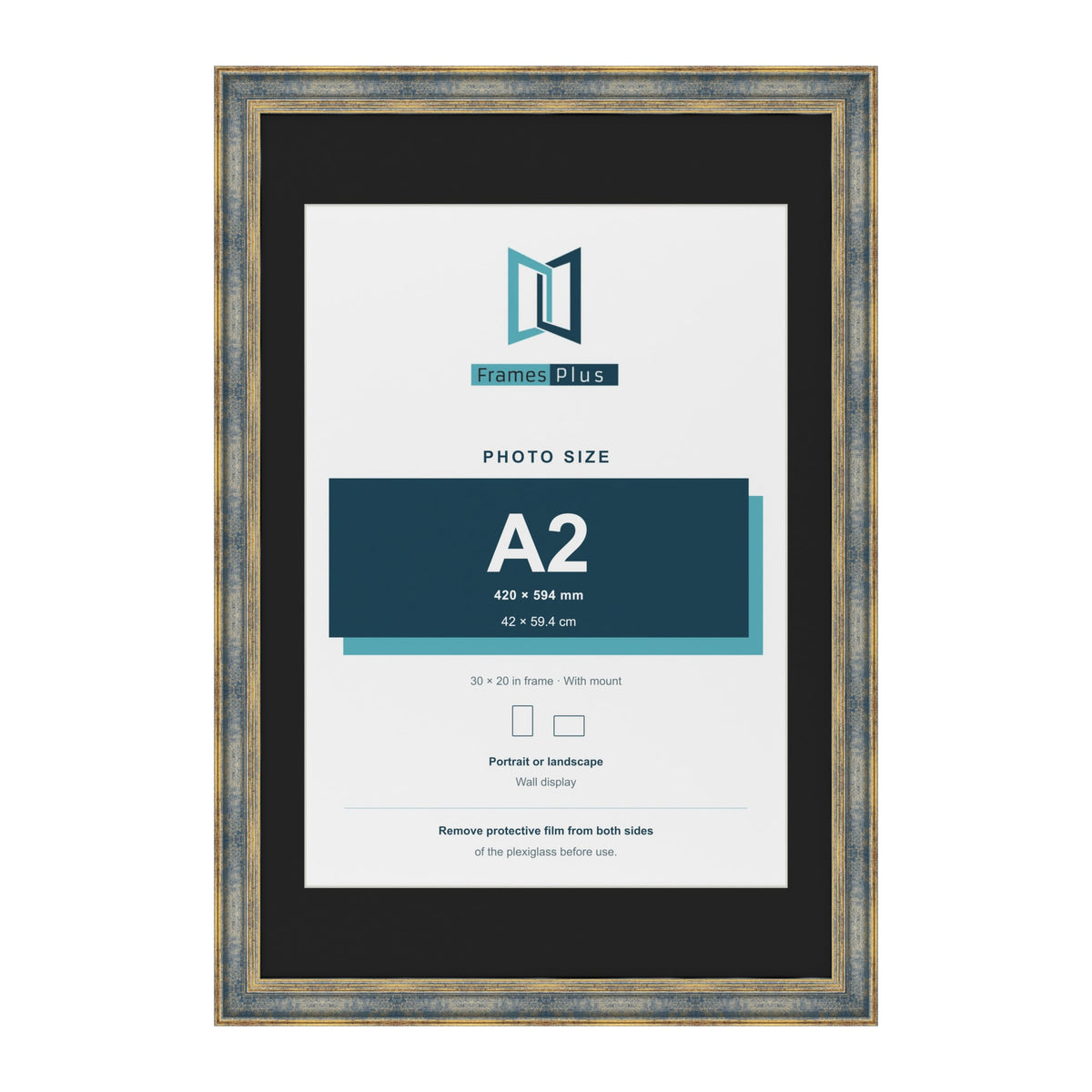 Cassis Blue 30 x 20 inch picture frame with a black mount for an A2 photo