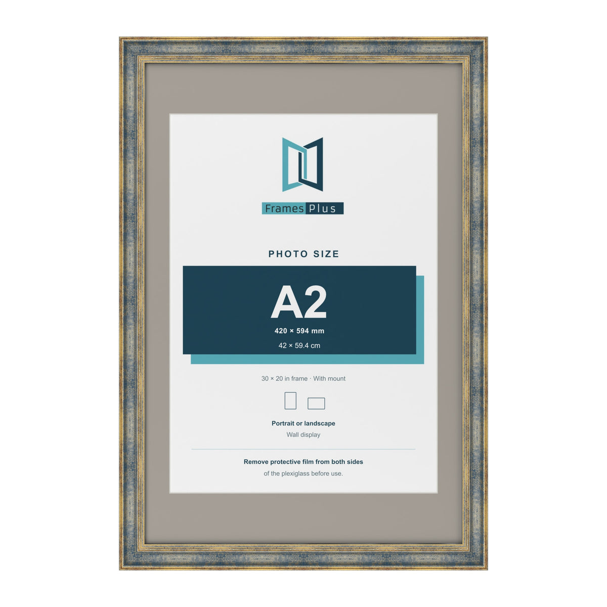 Cassis Blue 30 x 20 inch picture frame with a dawn grey mount for an A2 photo