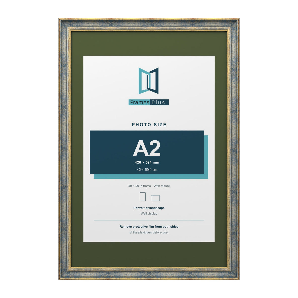 Cassis Blue 30 x 20 inch picture frame with a green mount for an A2 photo