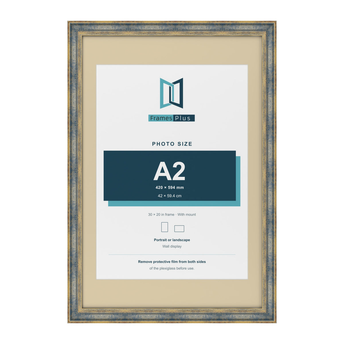 Cassis Blue 30 x 20 inch picture frame with an ivory mount for an A2 photo