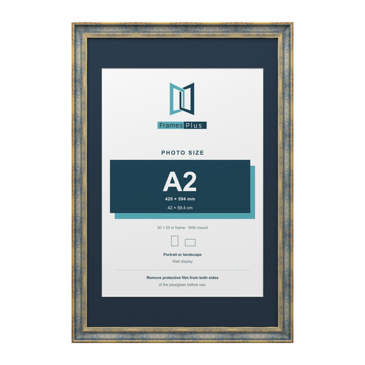 Cassis Blue 30 x 20 inch picture frame with a pacific blue mount for an A2 photo