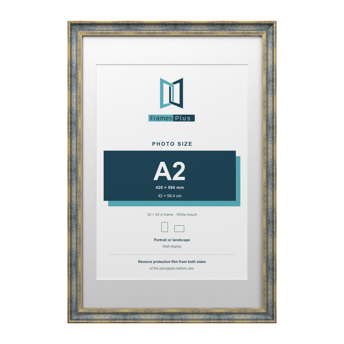 Cassis Blue 30 x 20 inch picture frame with a white mount for an A2 photo