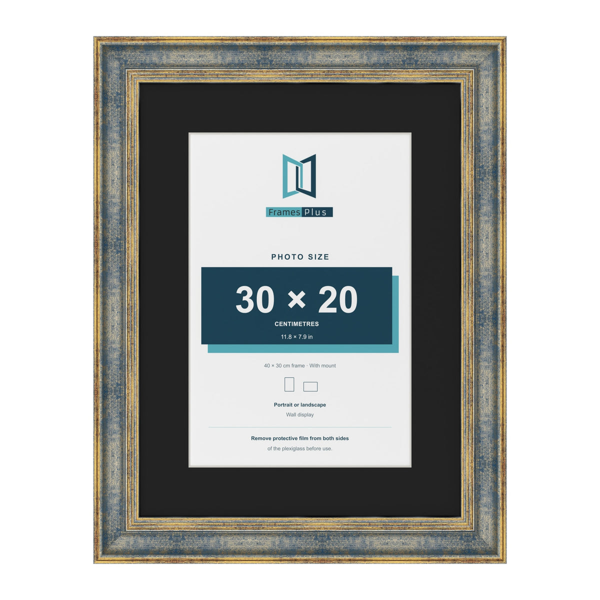Cassis Blue 40 x 30 cm picture frame with a black mount for a 30 x 20 cm photo