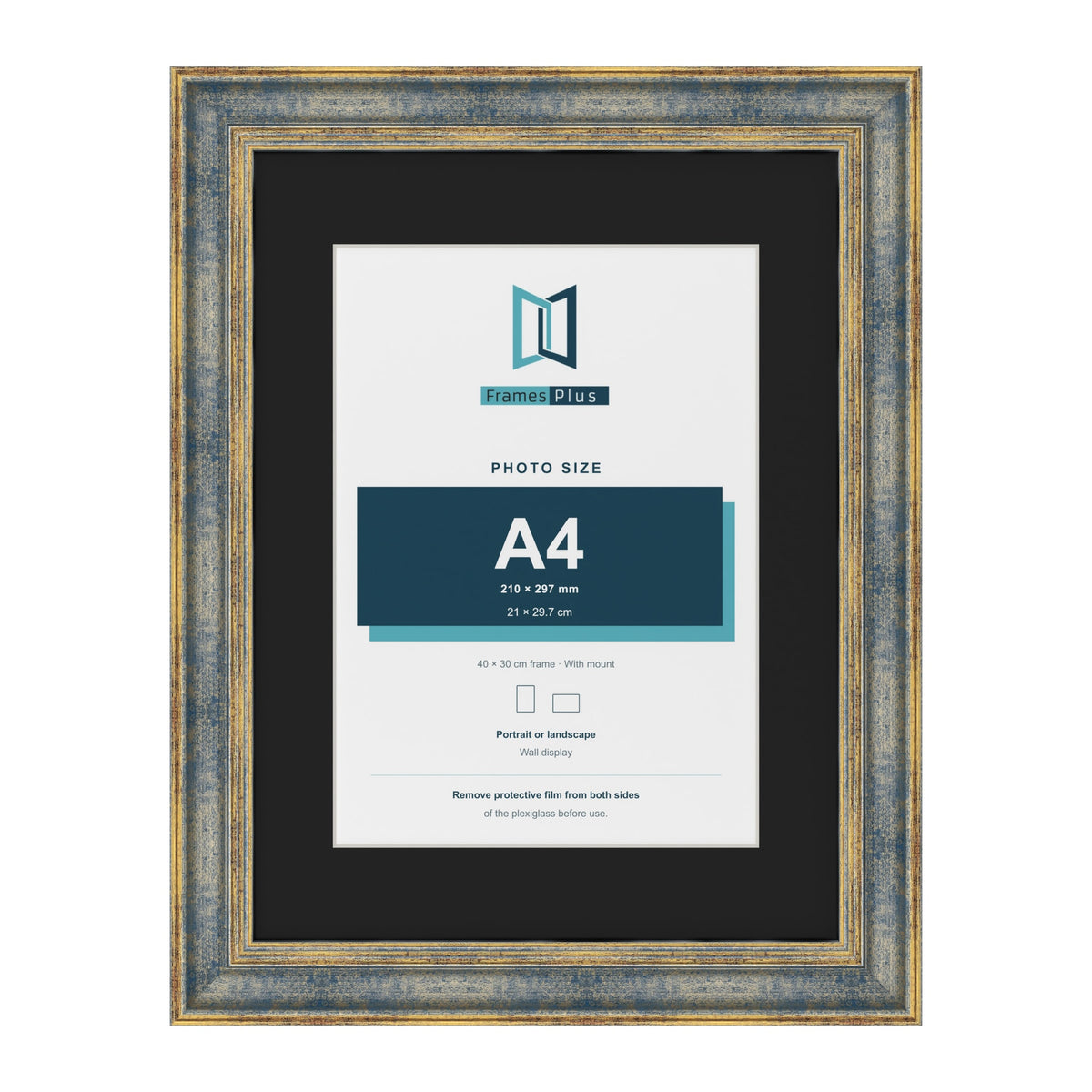Cassis Blue 40 x 30 cm picture frame with a black mount for an A4 photo