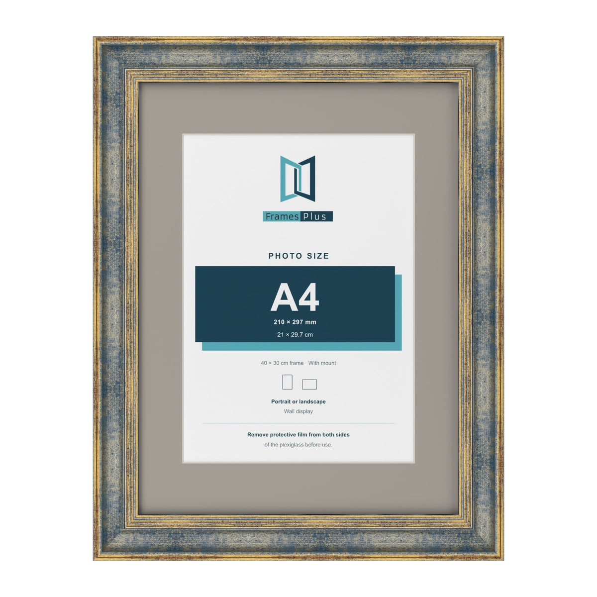 Cassis Blue 40 x 30 cm picture frame with a dawn grey mount for an A4 photo