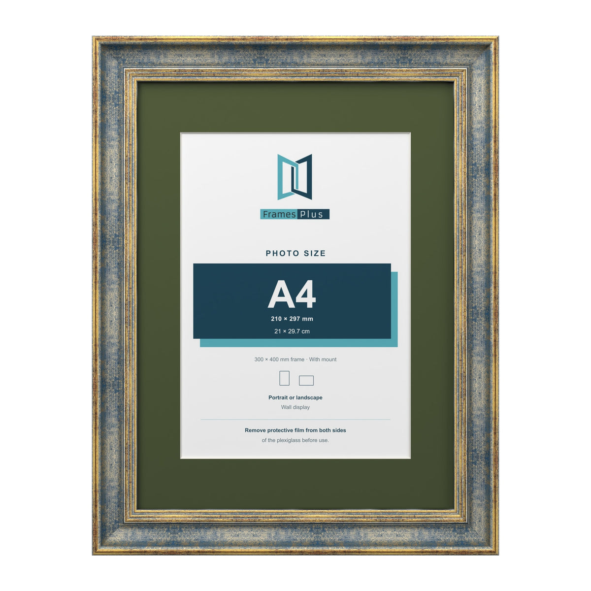 Cassis Blue 40 x 30 cm picture frame with a green mount for an A4 photo