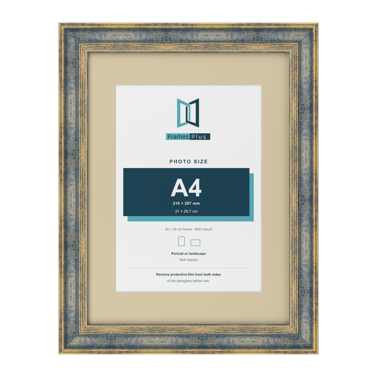 Cassis Blue 40 x 30 cm picture frame with an ivory mount for an A4 photo