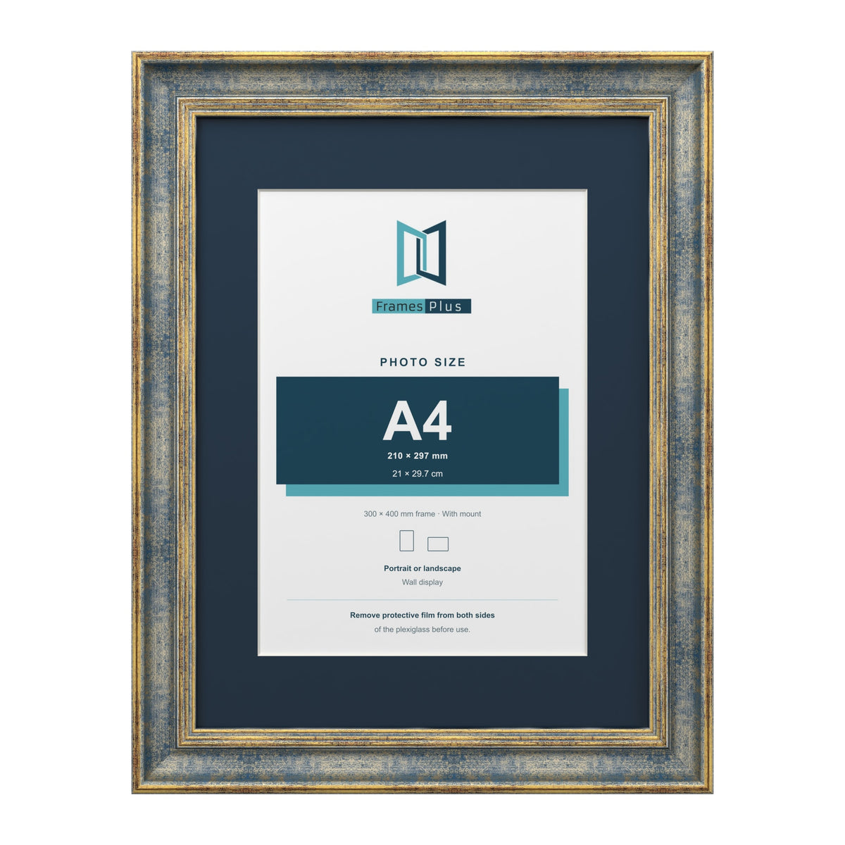 Cassis Blue 40 x 30 cm picture frame with a pacific blue mount for an A4 photo