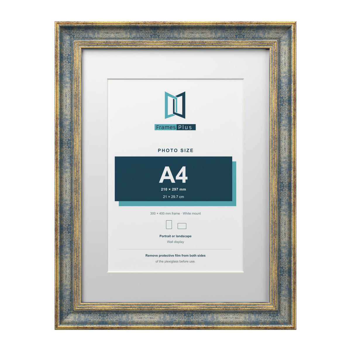 Cassis Blue 40 x 30 cm picture frame with a white mount for an A4 photo