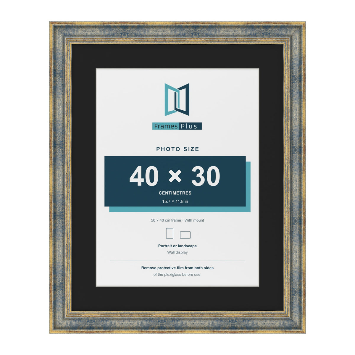 Cassis Blue 50 x 40 cm picture frame with a black mount for a 40 x 30 cm photo