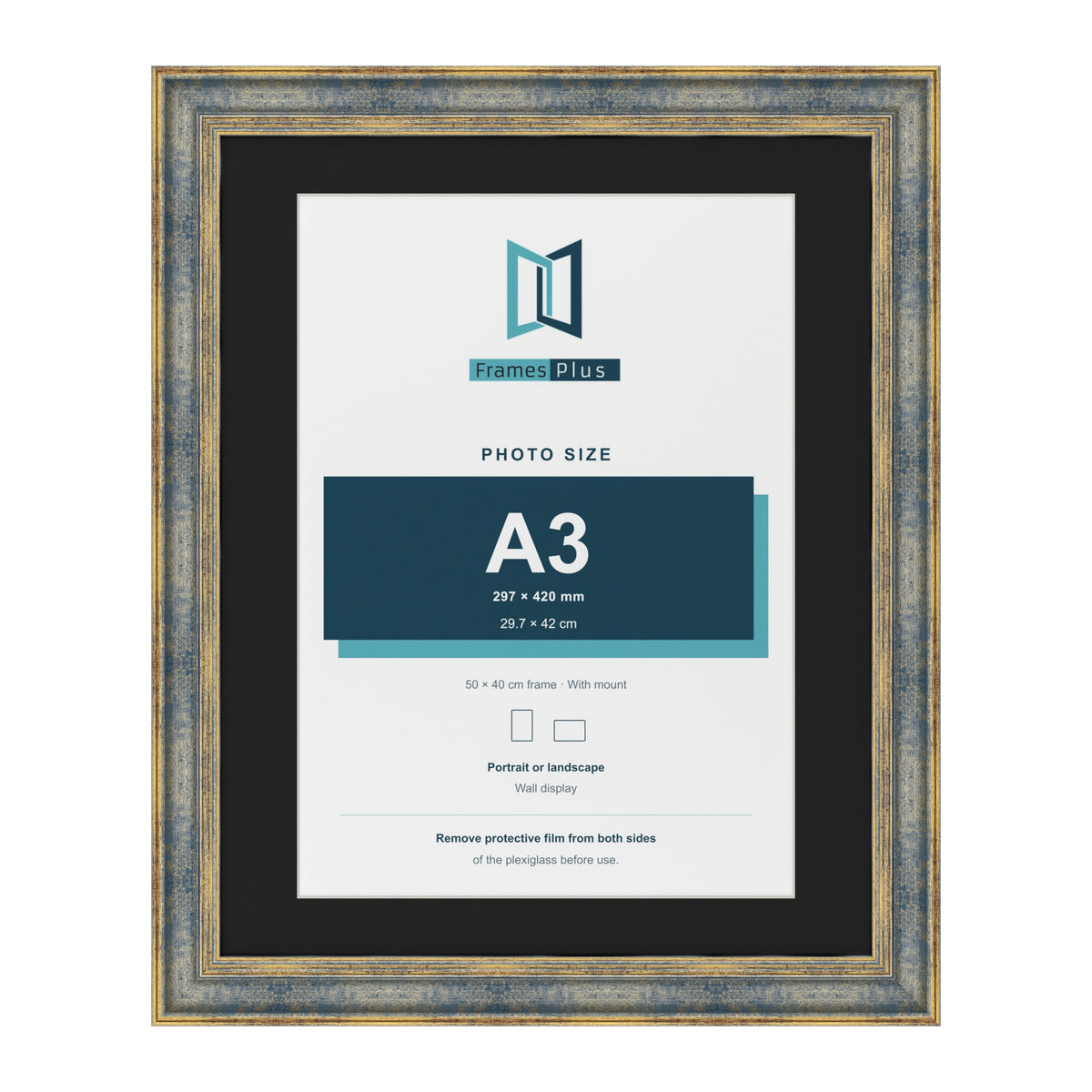 Cassis Blue 50 x 40 cm picture frame with a black mount for an A3 photo