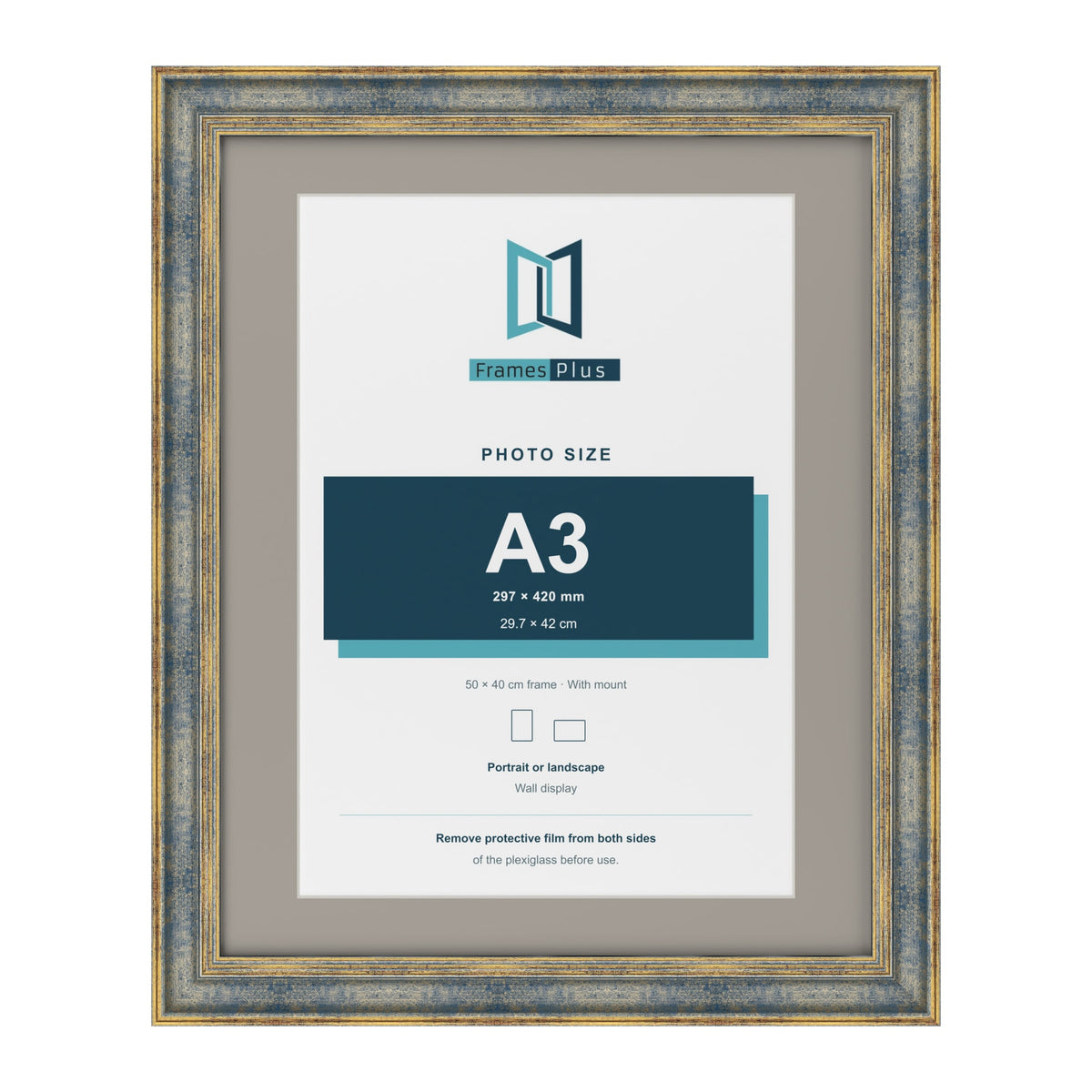 Cassis Blue 50 x 40 cm picture frame with a dawn grey mount for an A3 photo