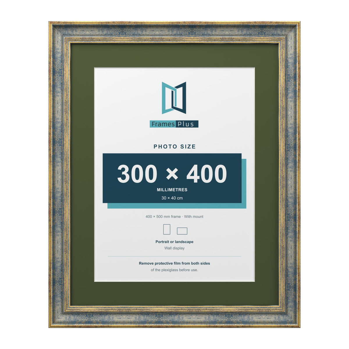 Cassis Blue 50 x 40 cm picture frame with a green mount for a 40 x 30 cm photo
