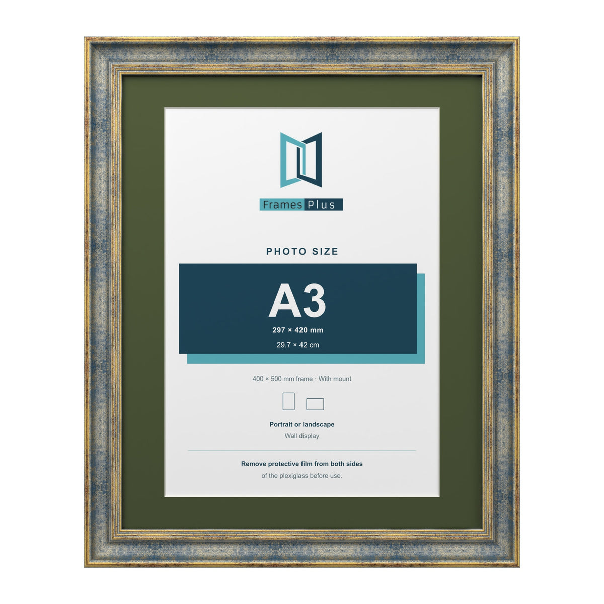 Cassis Blue 50 x 40 cm picture frame with a green mount for an A3 photo