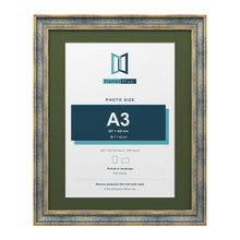 Cassis Blue 50 x 40 cm picture frame with a green mount for an A3 photo