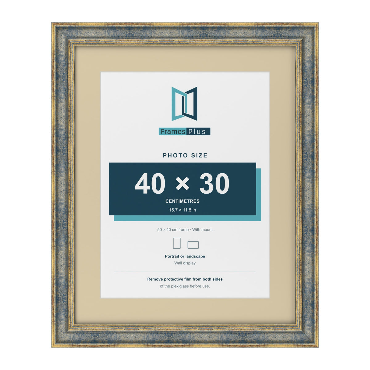 Cassis Blue 50 x 40 cm picture frame with an ivory mount for a 40 x 30 cm photo