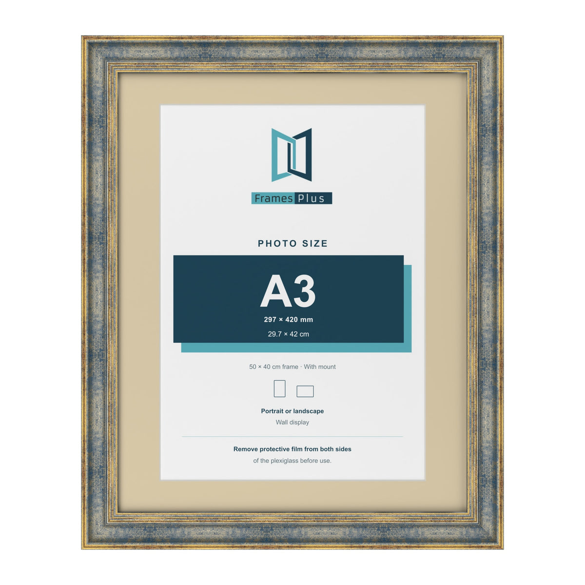 Cassis Blue 50 x 40 cm picture frame with an ivory mount for an A3 photo