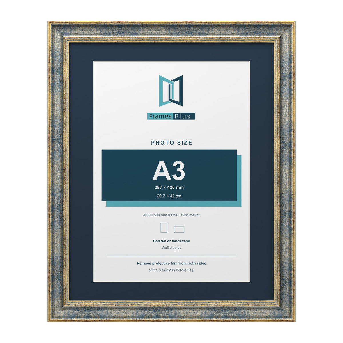 Cassis Blue 50 x 40 cm picture frame with a pacific blue mount for an A3 photo