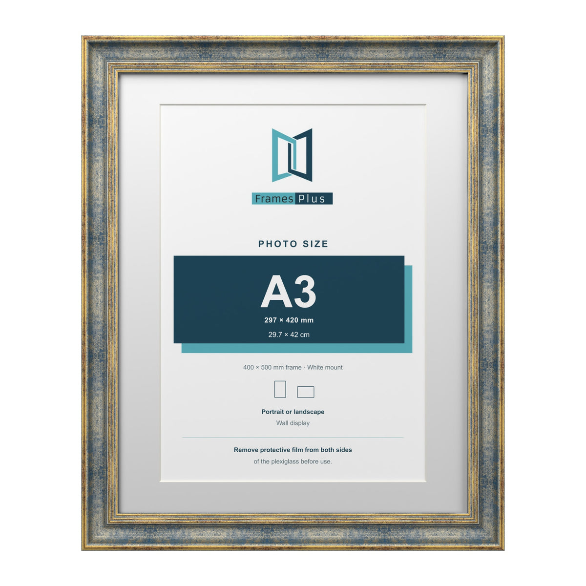 Cassis Blue 50 x 40 cm picture frame with a white mount for an A3 photo
