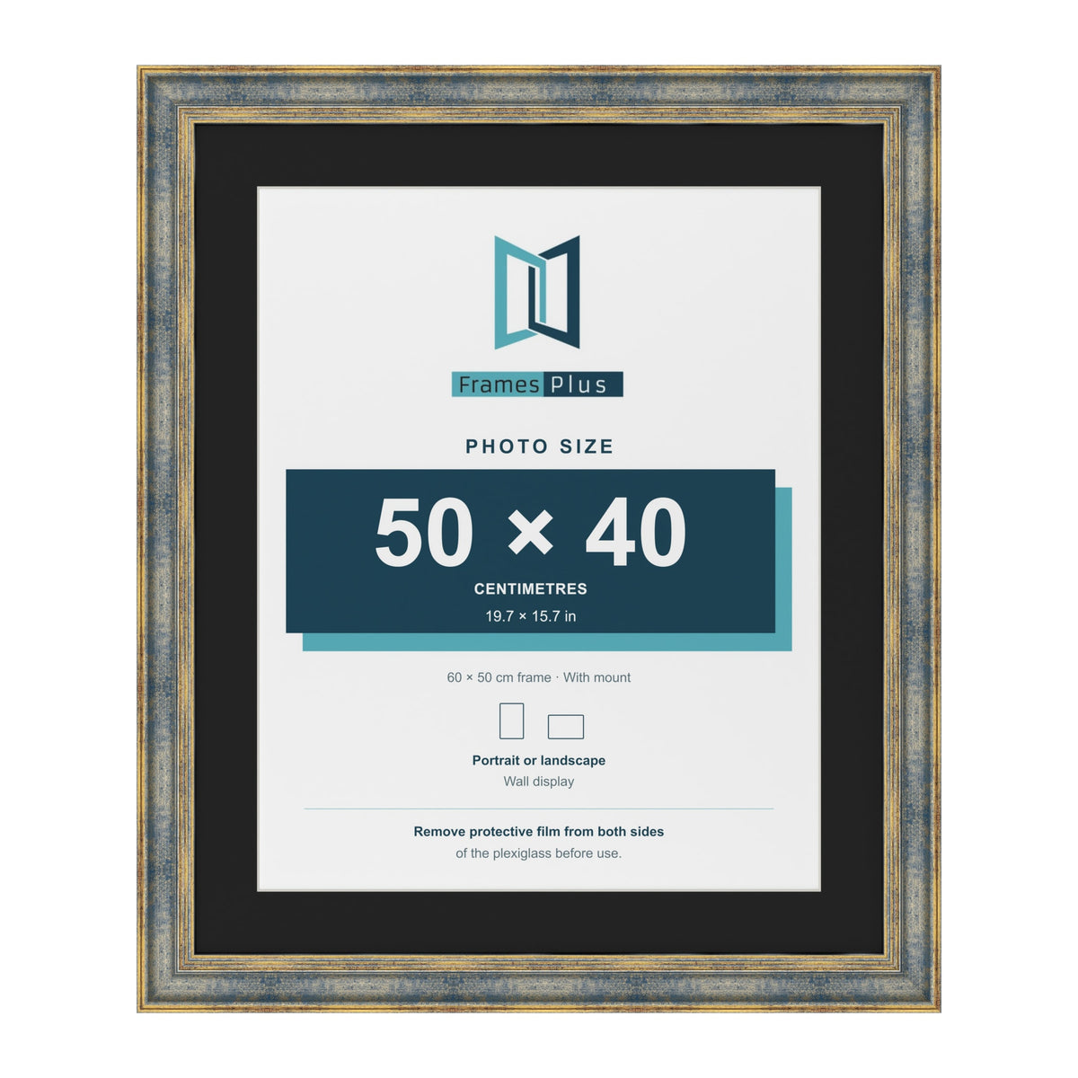 Cassis Blue 60 x 50 cm picture frame with a black mount for a 50 x 40 cm photo