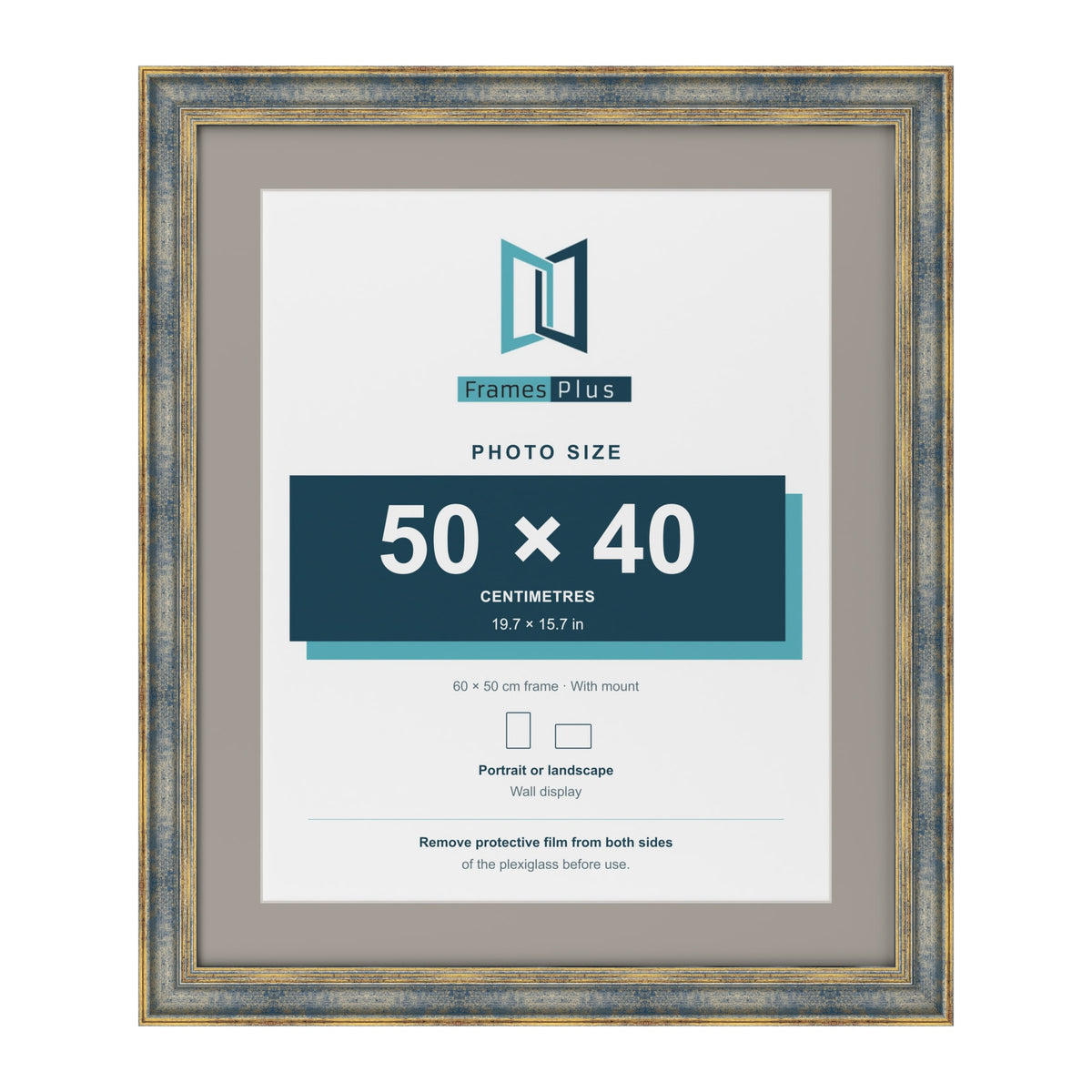 Cassis Blue 60 x 50 cm picture frame with a dawn grey mount for a 50 x 40 cm photo