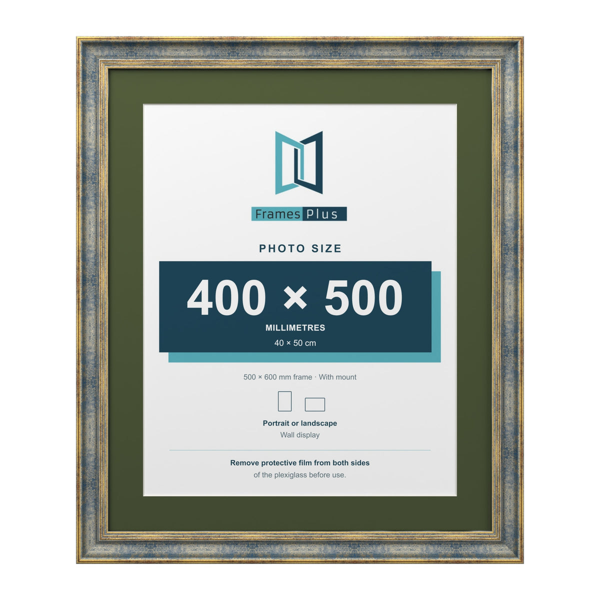 Cassis Blue 60 x 50 cm picture frame with a green mount for a 50 x 40 cm photo