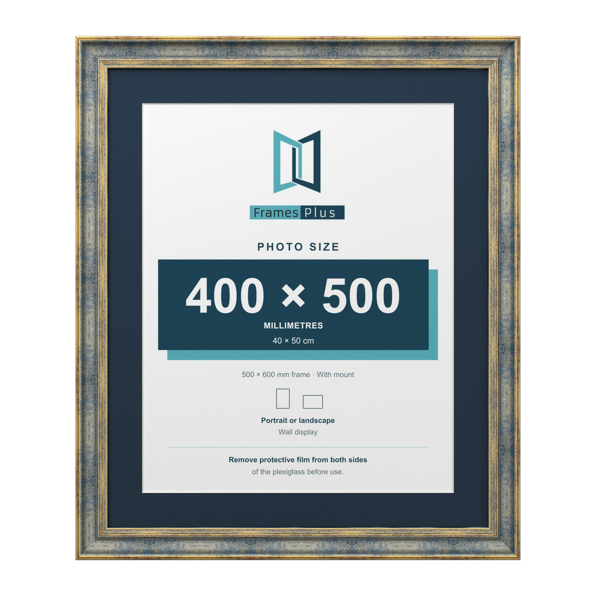 Cassis Blue 60 x 50 cm picture frame with a pacific blue mount for a 50 x 40 cm photo