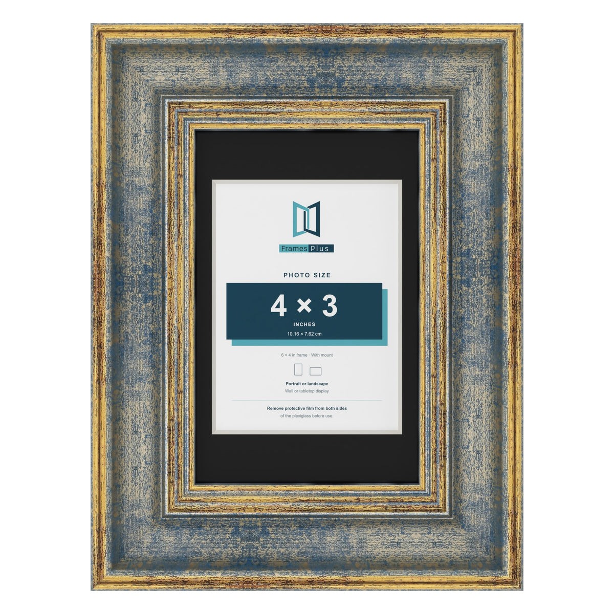 Cassis Blue 6 x 4 inch picture frame with a black mount for a 4 x 3 inch photo