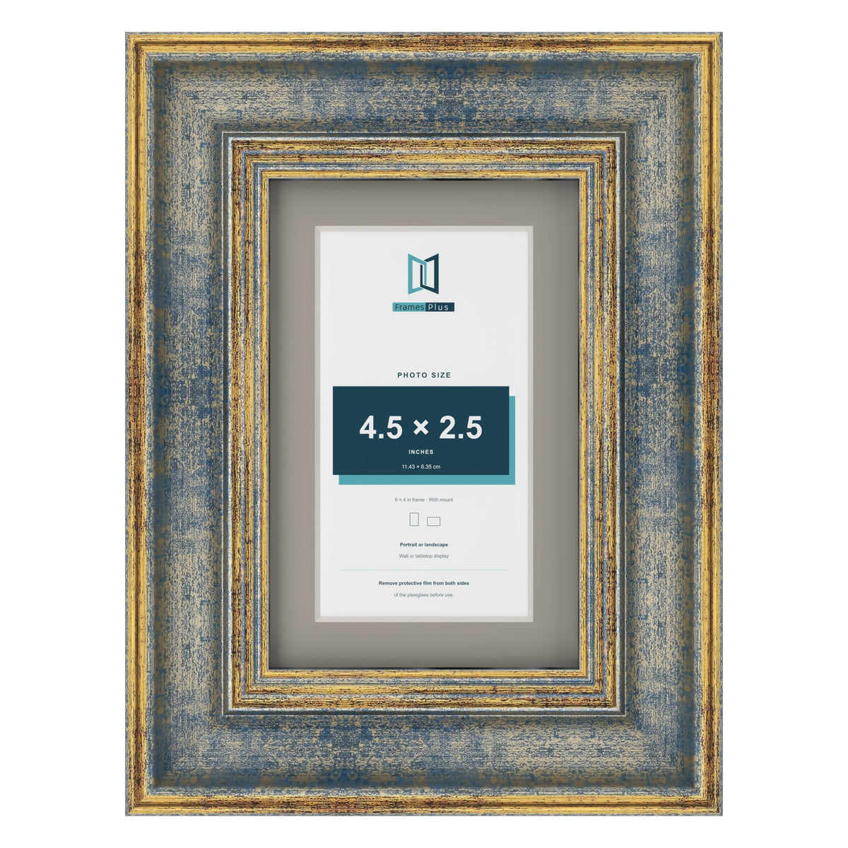Cassis Blue 6 x 4 inch picture frame with a dawn grey mount for a 4.5 x 2.5 inch photo