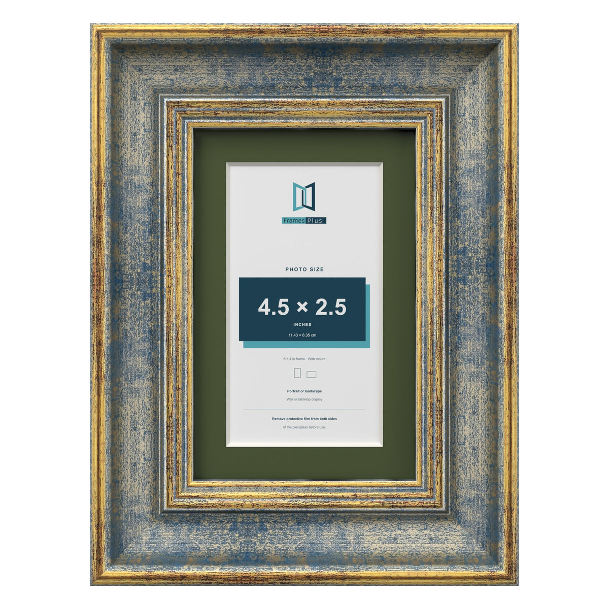 Cassis Blue 6 x 4 inch picture frame with a green mount for a 4.5 x 2.5 inch photo