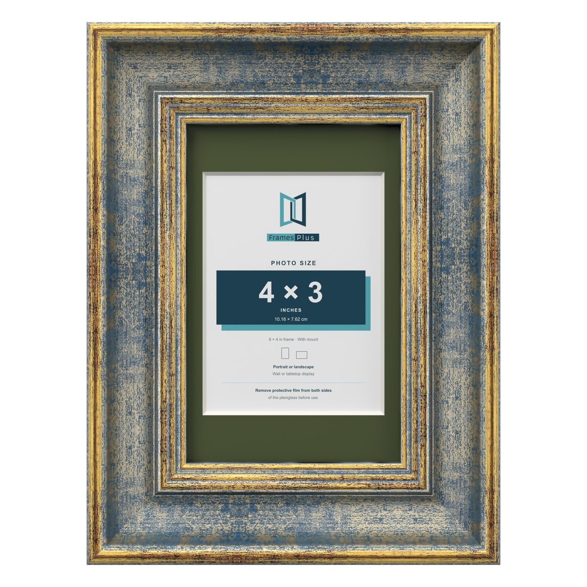 Cassis Blue 6 x 4 inch picture frame with a green mount for a 4 x 3 inch photo