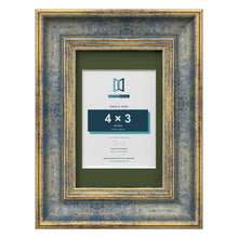 Cassis Blue 6 x 4 inch picture frame with a green mount for a 4 x 3 inch photo