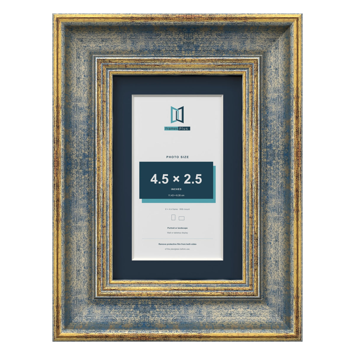 Cassis Blue 6 x 4 inch picture frame with a pacific blue mount for a 4.5 x 2.5 inch photo
