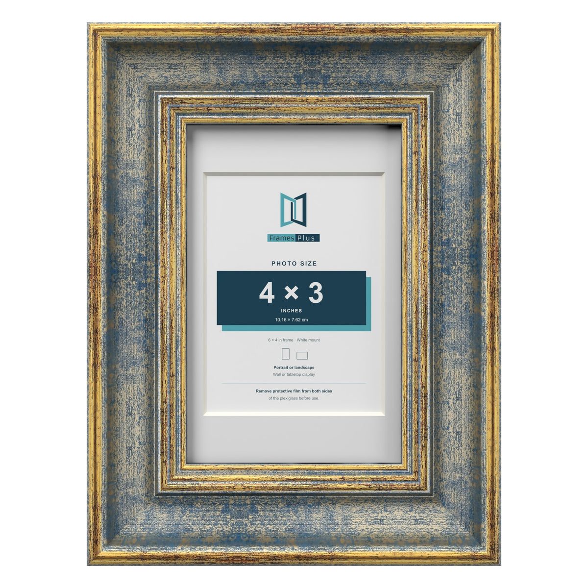 Cassis Blue 6 x 4 inch picture frame with a white mount for a 4 x 3 inch photo