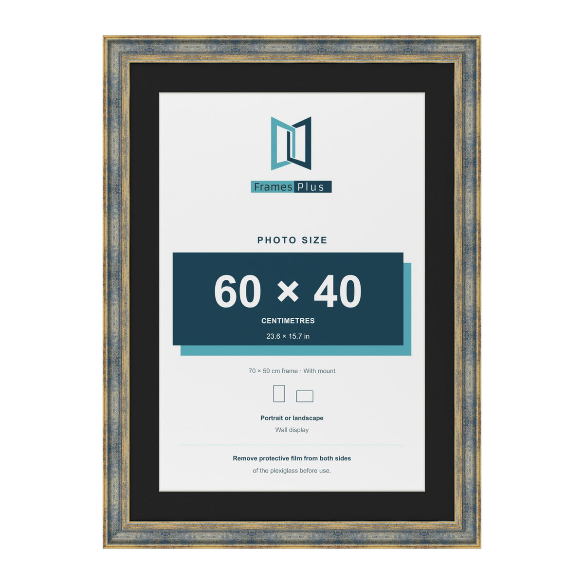 Cassis Blue 70 x 50 cm picture frame with a black mount for a 60 x 40 cm photo