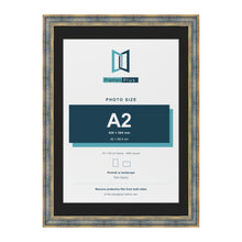 Cassis Blue 70 x 50 cm picture frame with a black mount for an A2 photo