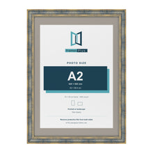 Cassis Blue 70 x 50 cm picture frame with a dawn grey mount for an A2 photo