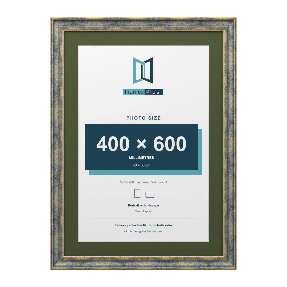Cassis Blue 70 x 50 cm picture frame with a green mount for a 60 x 40 cm photo