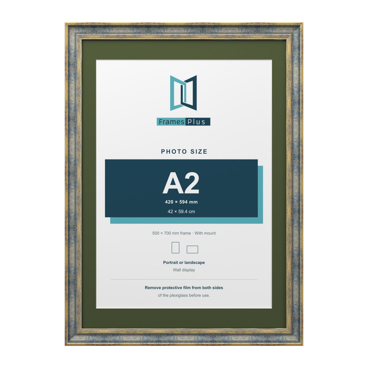 Cassis Blue 70 x 50 cm picture frame with a green mount for an A2 photo