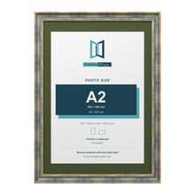 Cassis Blue 70 x 50 cm picture frame with a green mount for an A2 photo