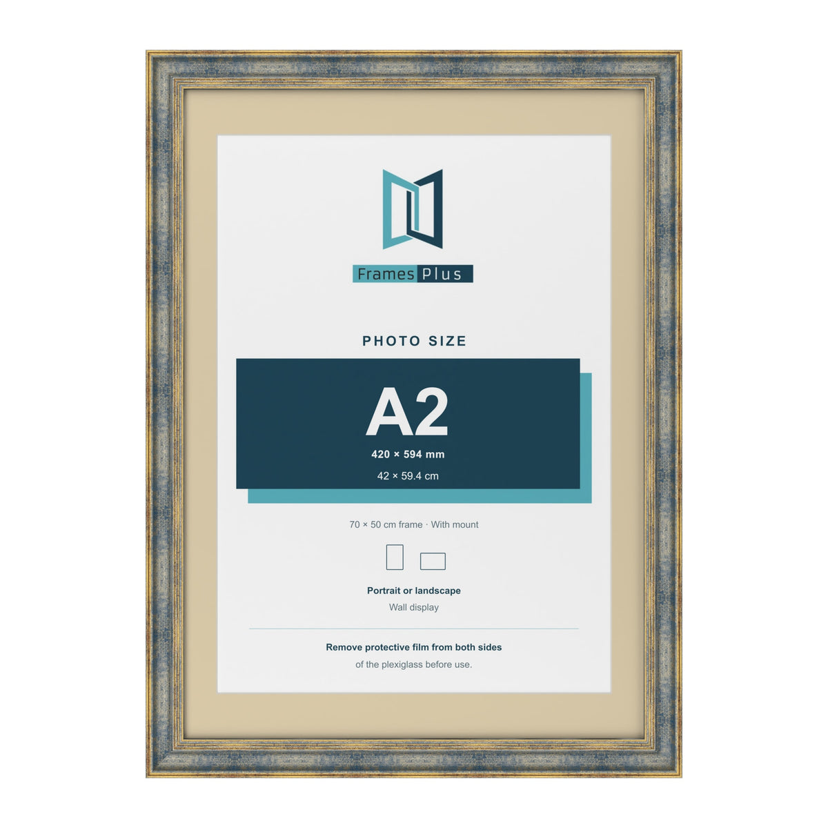 Cassis Blue 70 x 50 cm picture frame with an ivory mount for an A2 photo