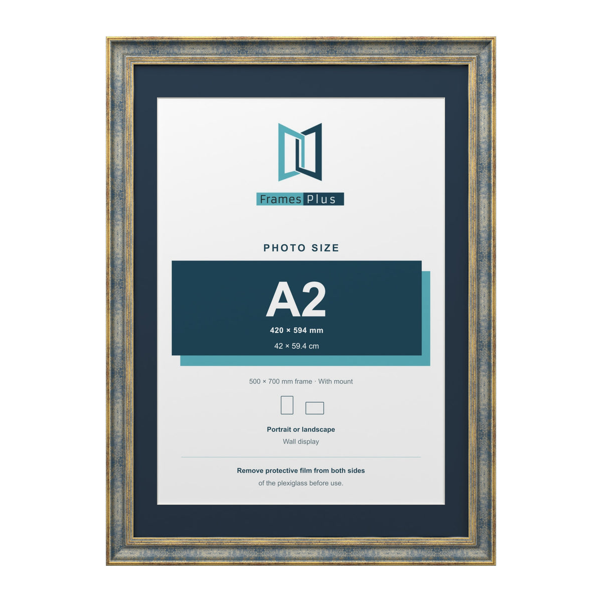 Cassis Blue 70 x 50 cm picture frame with a pacific blue mount for an A2 photo