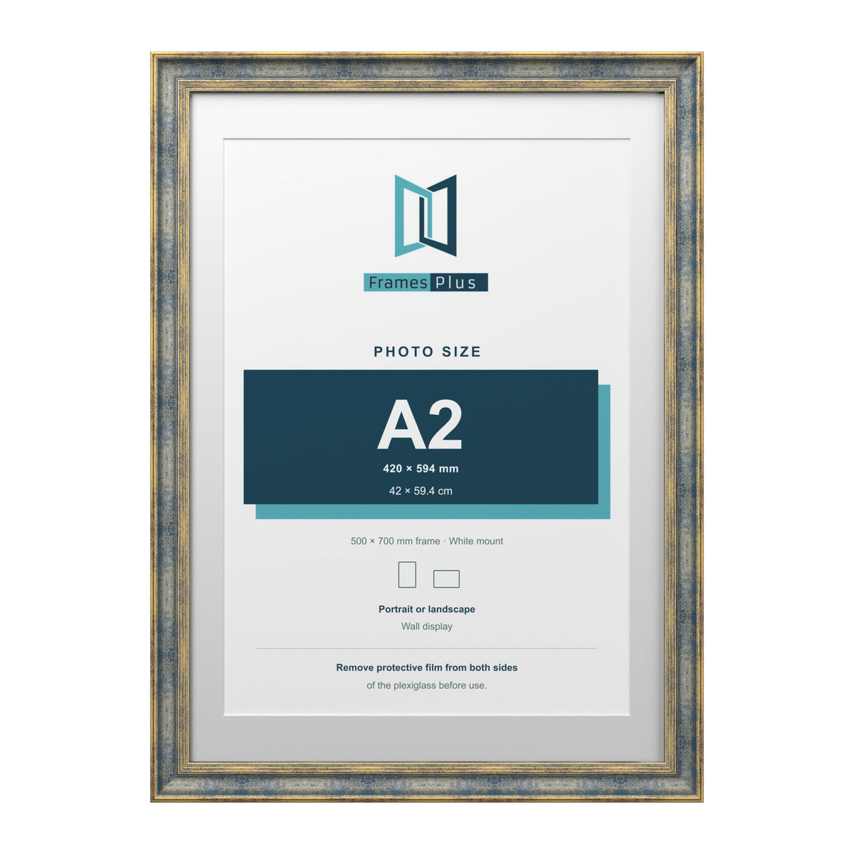 Cassis Blue 70 x 50 cm picture frame with a white mount for an A2 photo