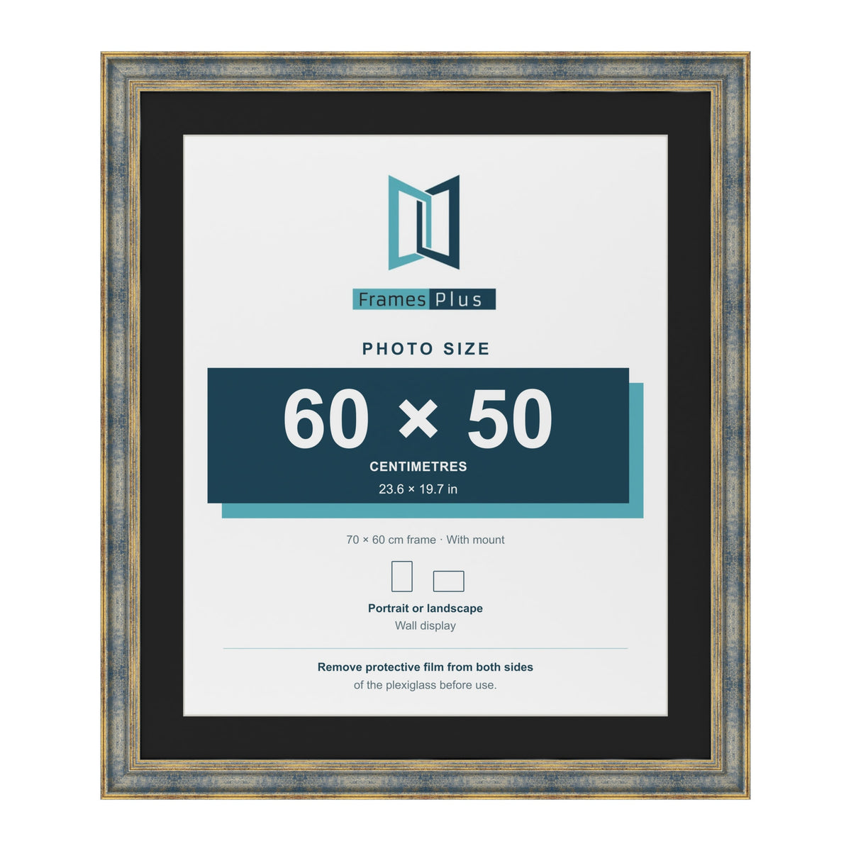 Cassis Blue 70 x 60 cm picture frame with a black mount for a 60 x 50 cm photo