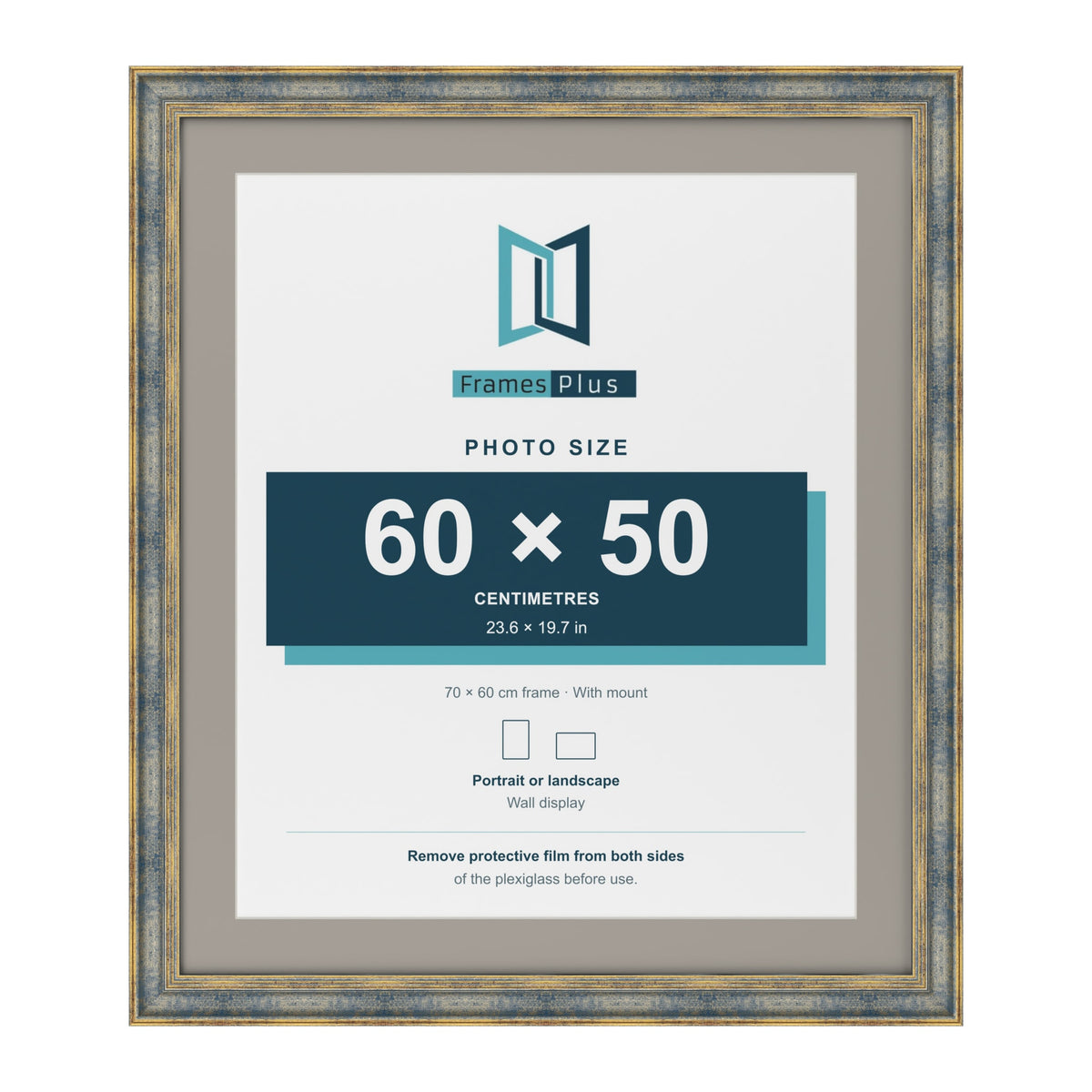 Cassis Blue 70 x 60 cm picture frame with a dawn grey mount for a 60 x 50 cm photo
