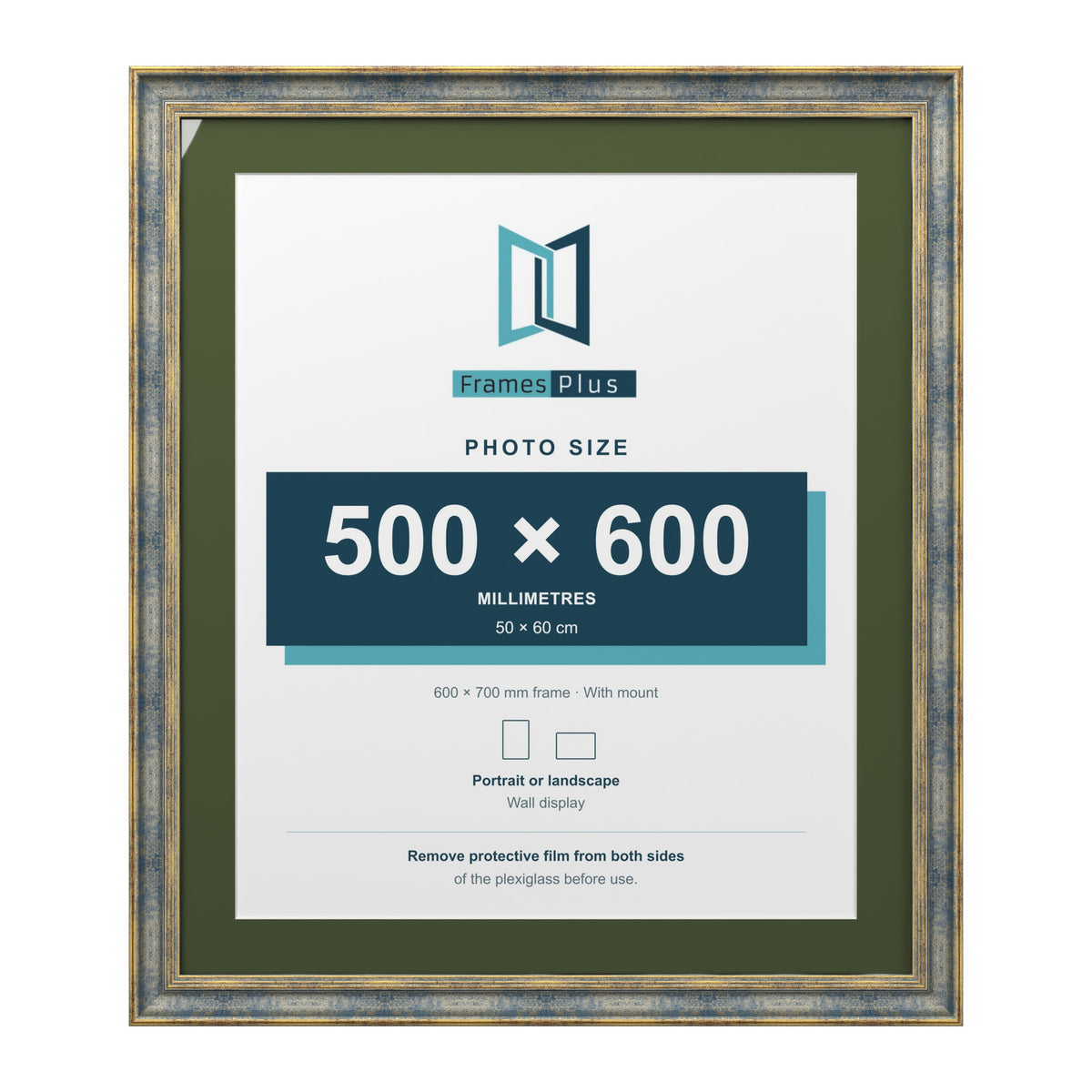 Cassis Blue 70 x 60 cm picture frame with a green mount for a 60 x 50 cm photo