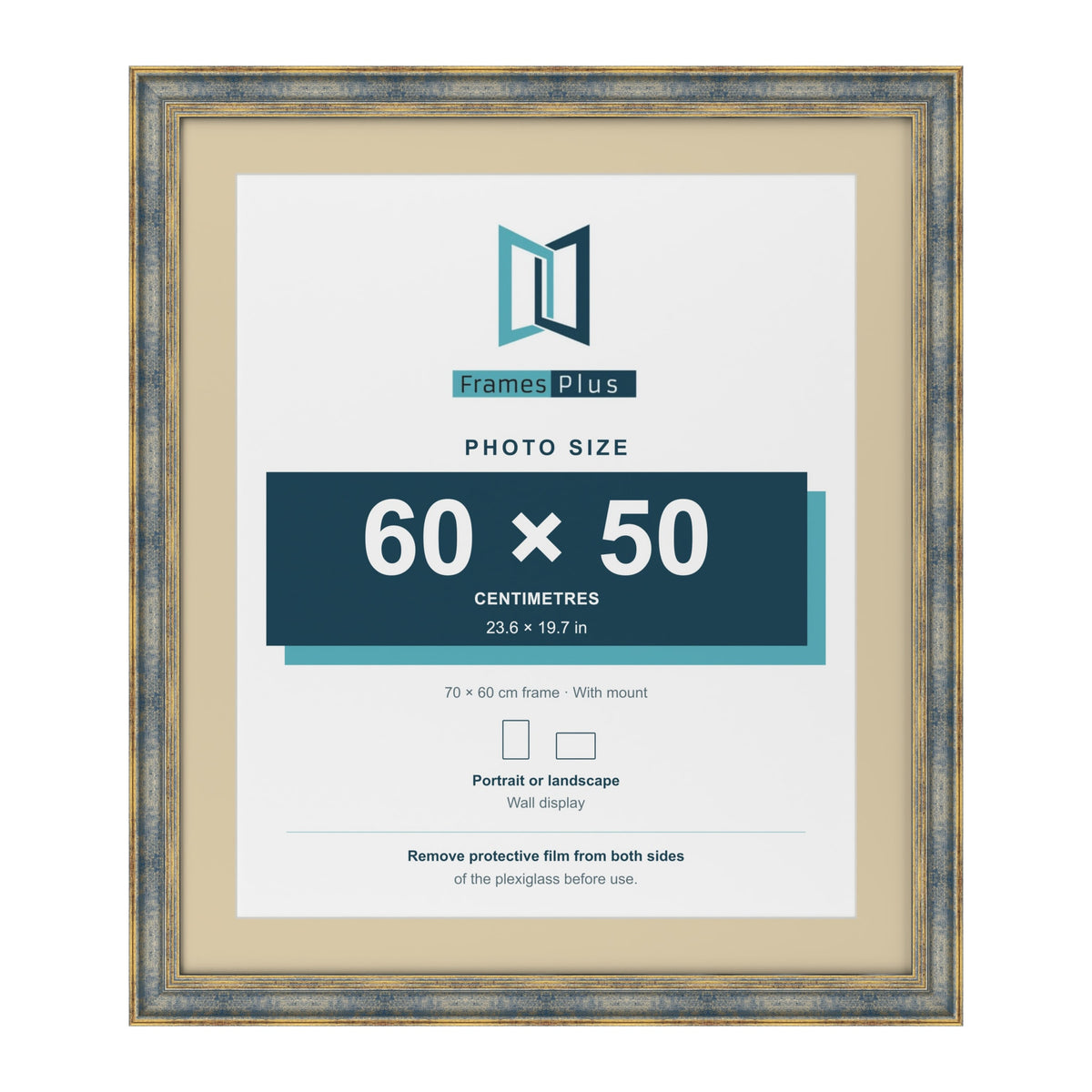 Cassis Blue 70 x 60 cm picture frame with an ivory mount for a 60 x 50 cm photo