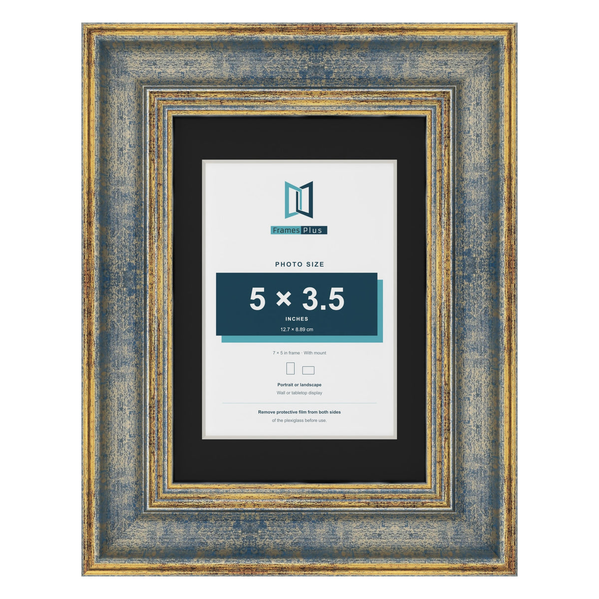 Cassis Blue 7 x 5 inch picture frame with a black mount for a 5 x 3.5 inch photo