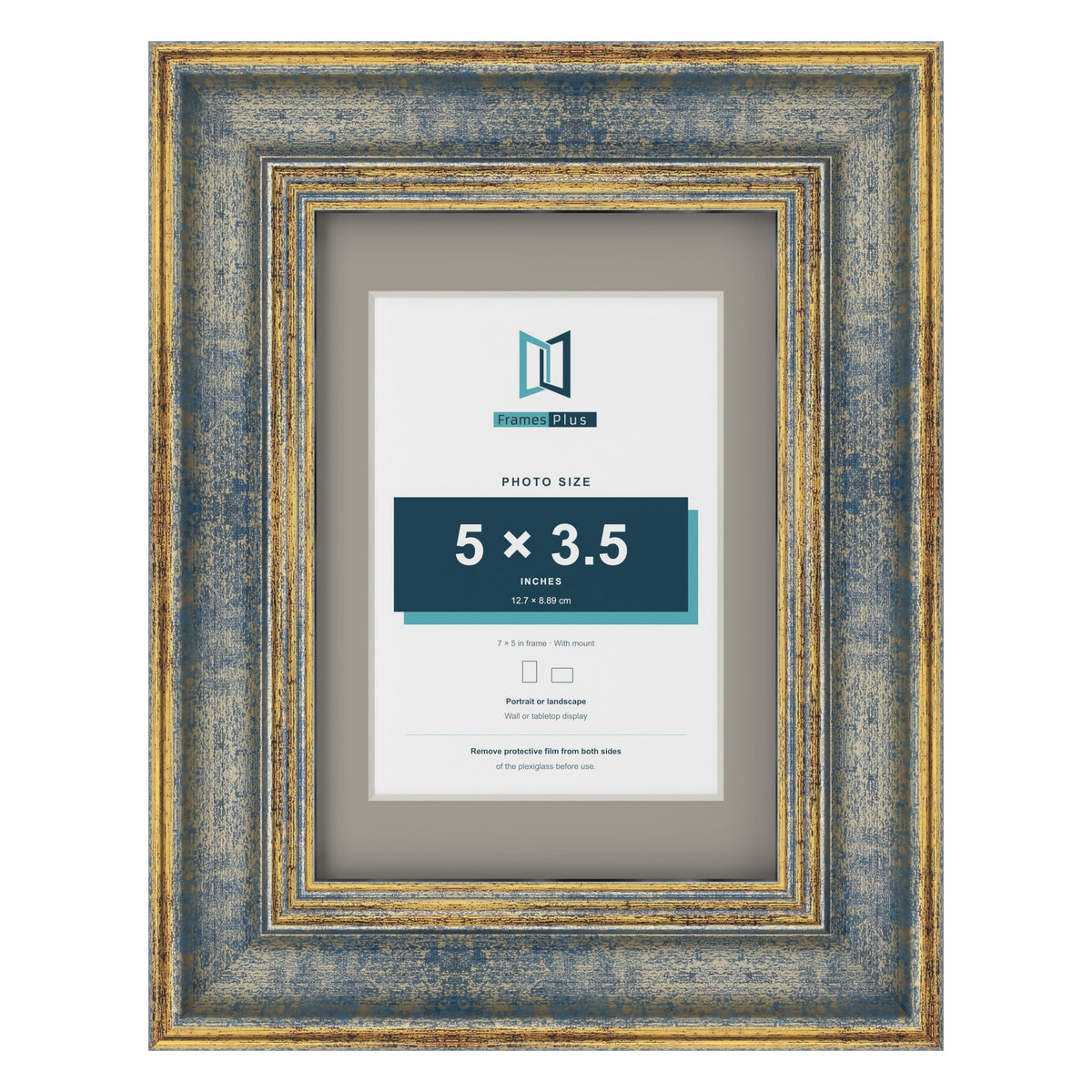 Cassis Blue 7 x 5 inch picture frame with a dawn grey mount for a 5 x 3.5 inch photo
