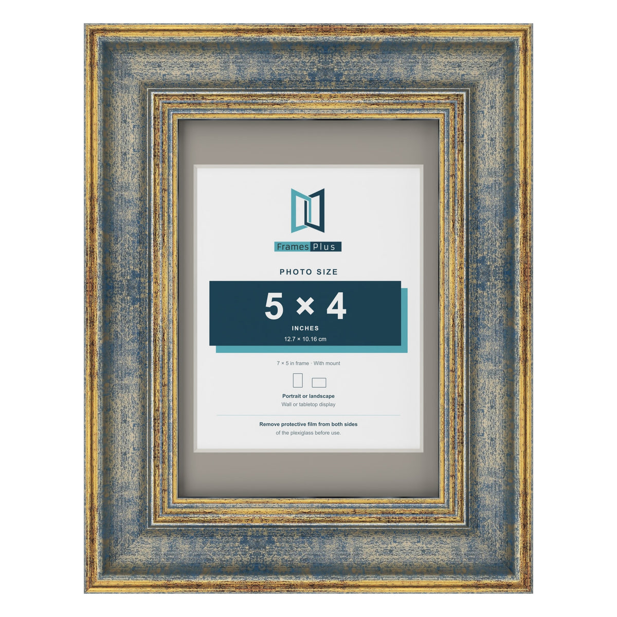Cassis Blue 7 x 5 inch picture frame with a dawn grey mount for a 5 x 4 inch photo